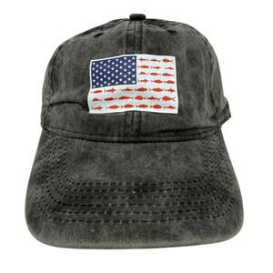 Gray Dad Hat Baseball Cap Fish American Flag Print Adjustable Strap NWOT